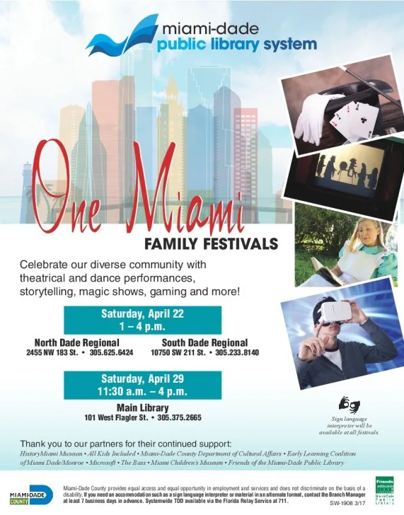 Афиша семейного фестиваля One Miami в библиотечной системе Майами-Дейд.