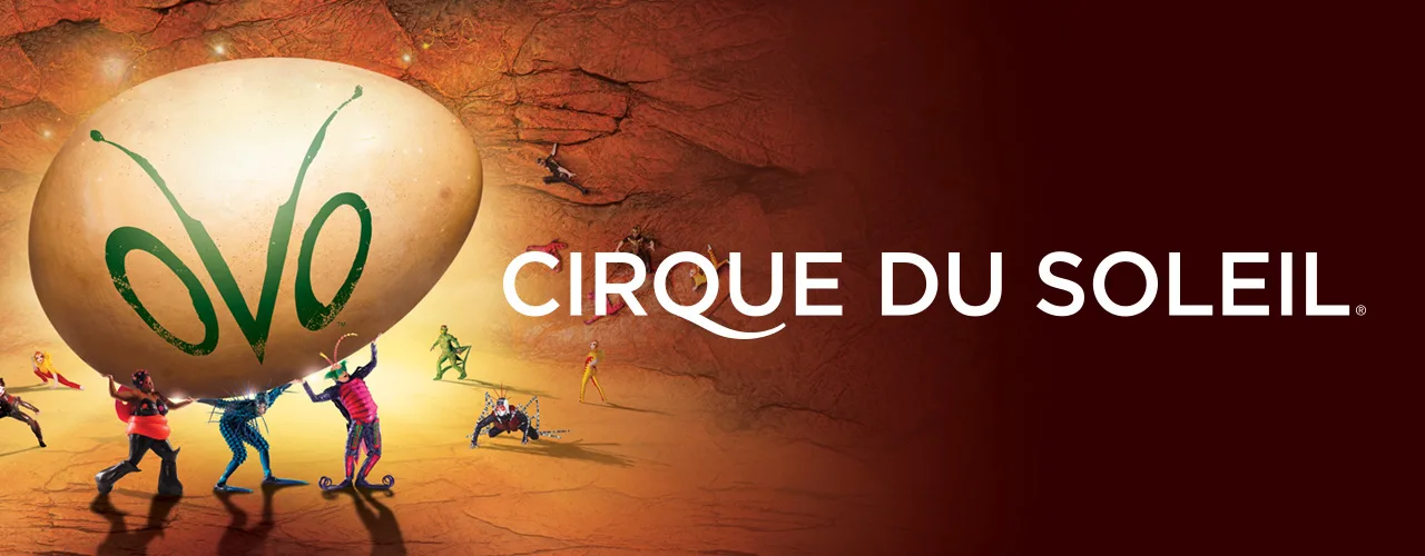 Афиша шоу OVO от Cirque du Soleil с артистами в ярких костюмах
