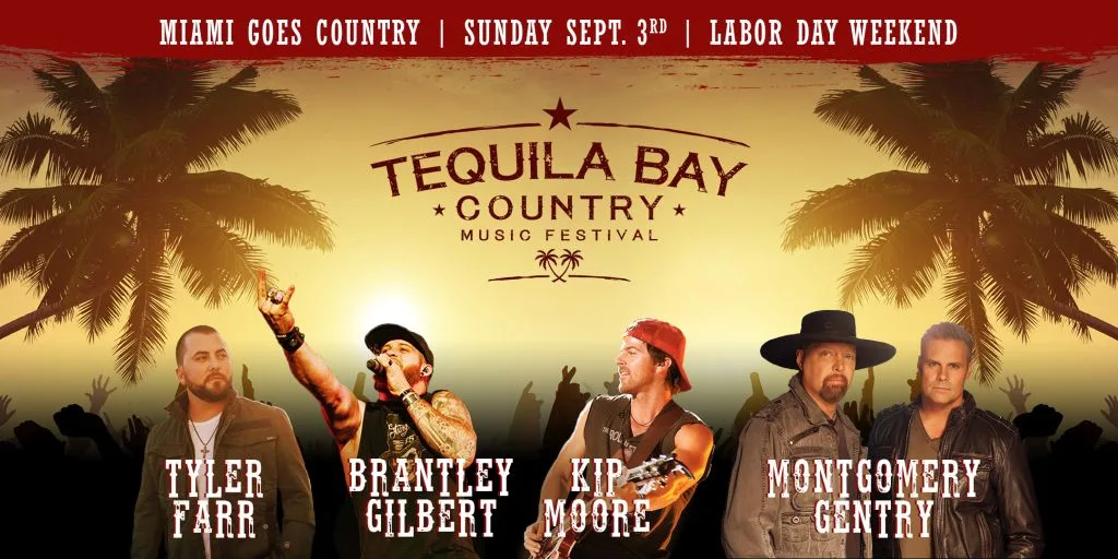 Баннер фестиваля Tequila Bay Country Music Festival с портретами исполнителей.