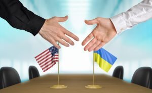 Ukraine-USA-300x184 United States and Ukraine diplomats shaking hands to agree deal, part 3D rendering