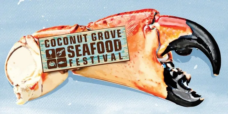 Плакат фестиваля морепродуктов Coconut Grove Seafood Festival с клешней краба.