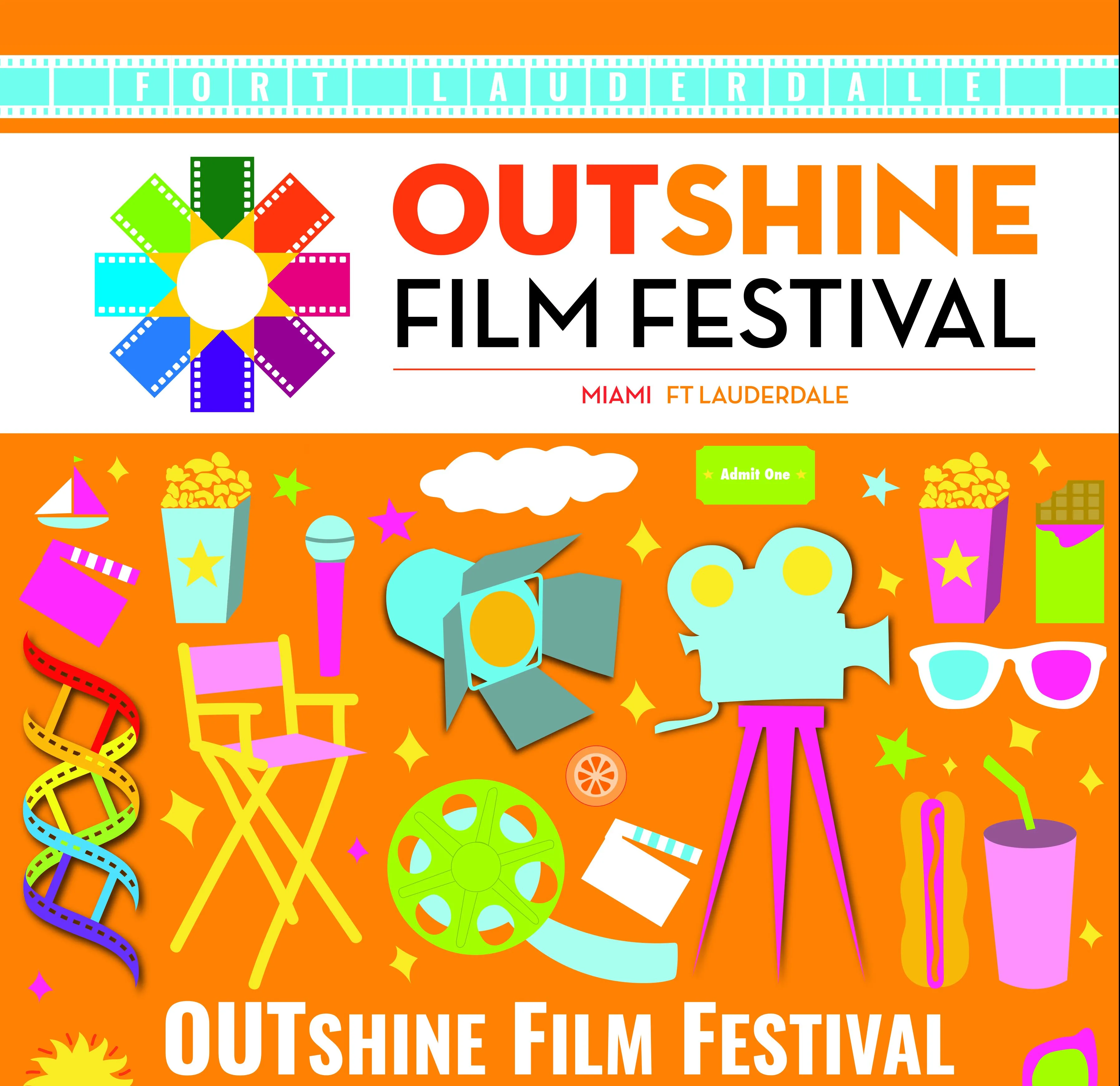 Яркий плакат кинофестиваля OUTshine Film Festival с элементами кино