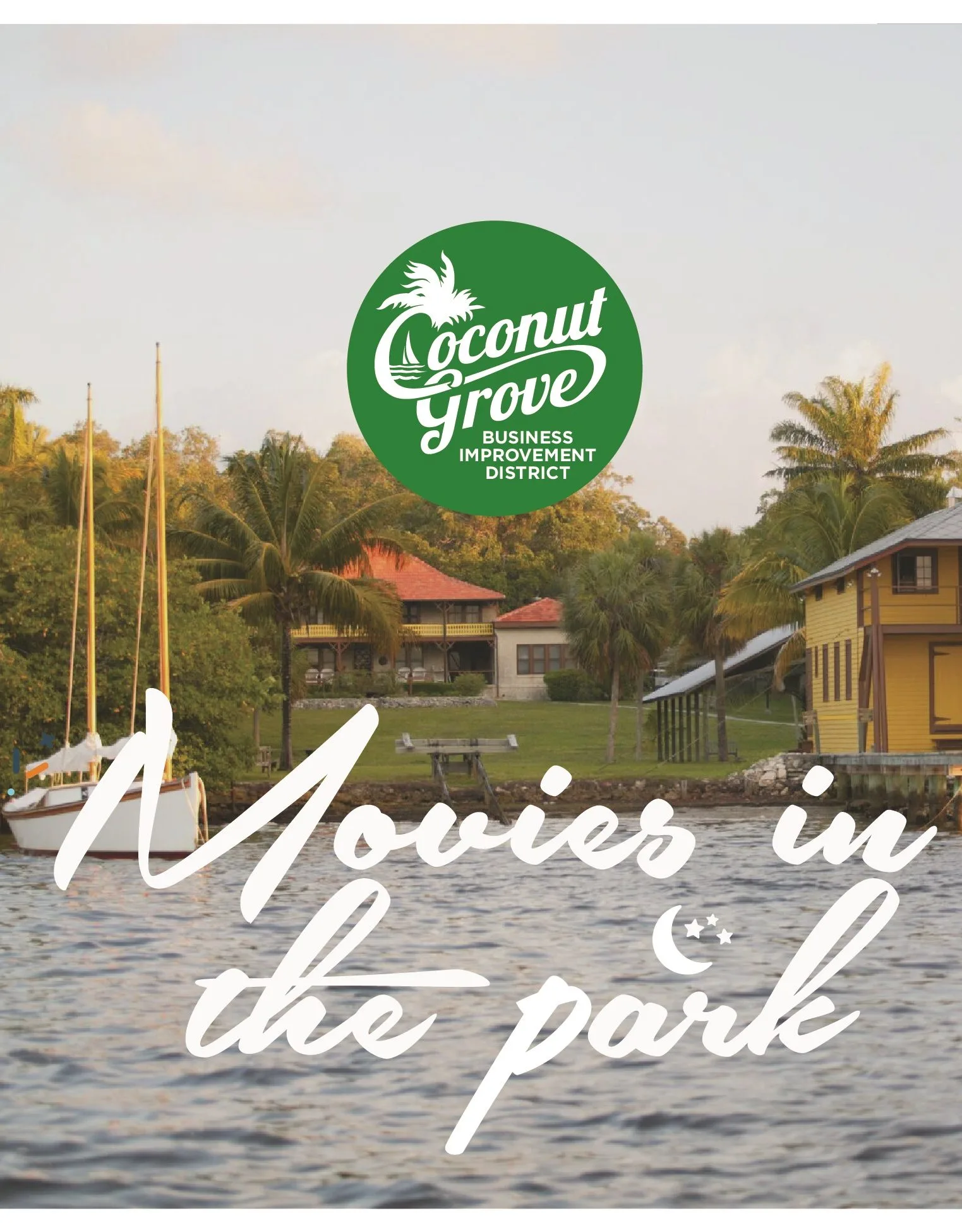 Постер Movies in the park на фоне берега с пальмами и парусником