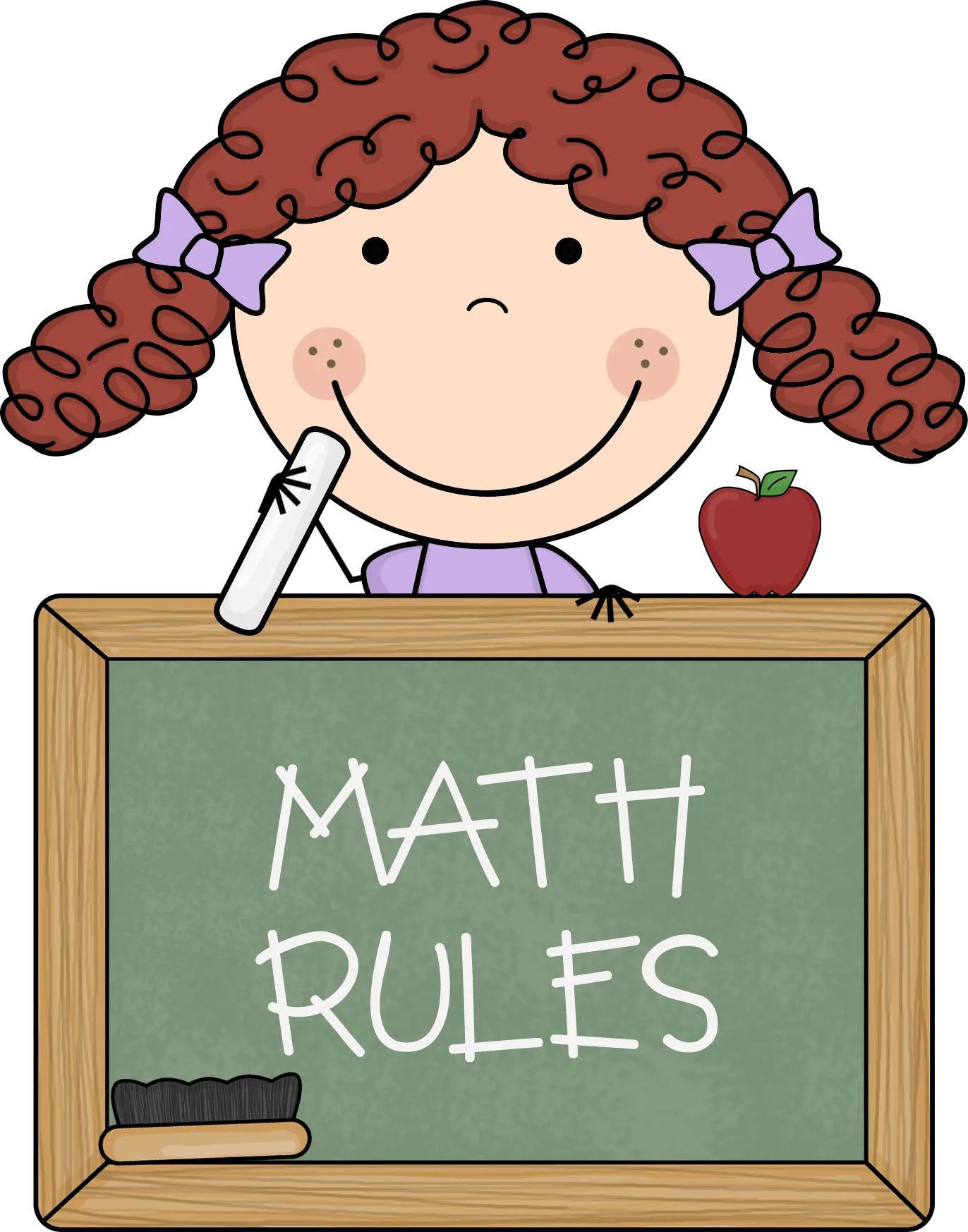 Рисованная девочка у школьной доски с надписью Math Rules.