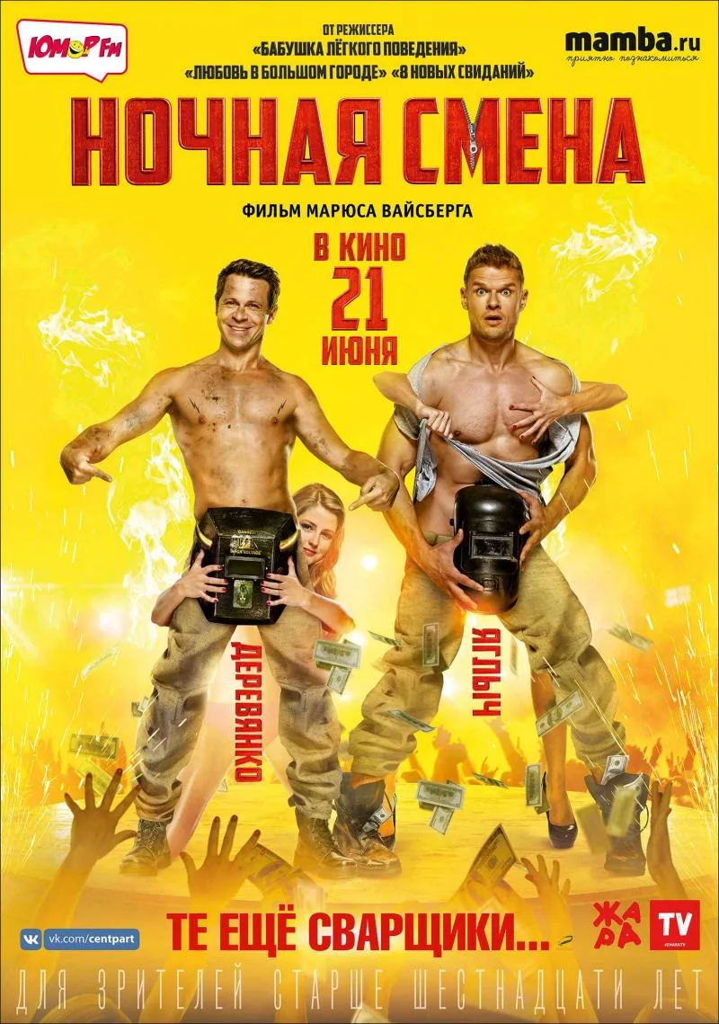 Постер комедии «Ночная смена» с двумя мужчинами и сварочными масками.