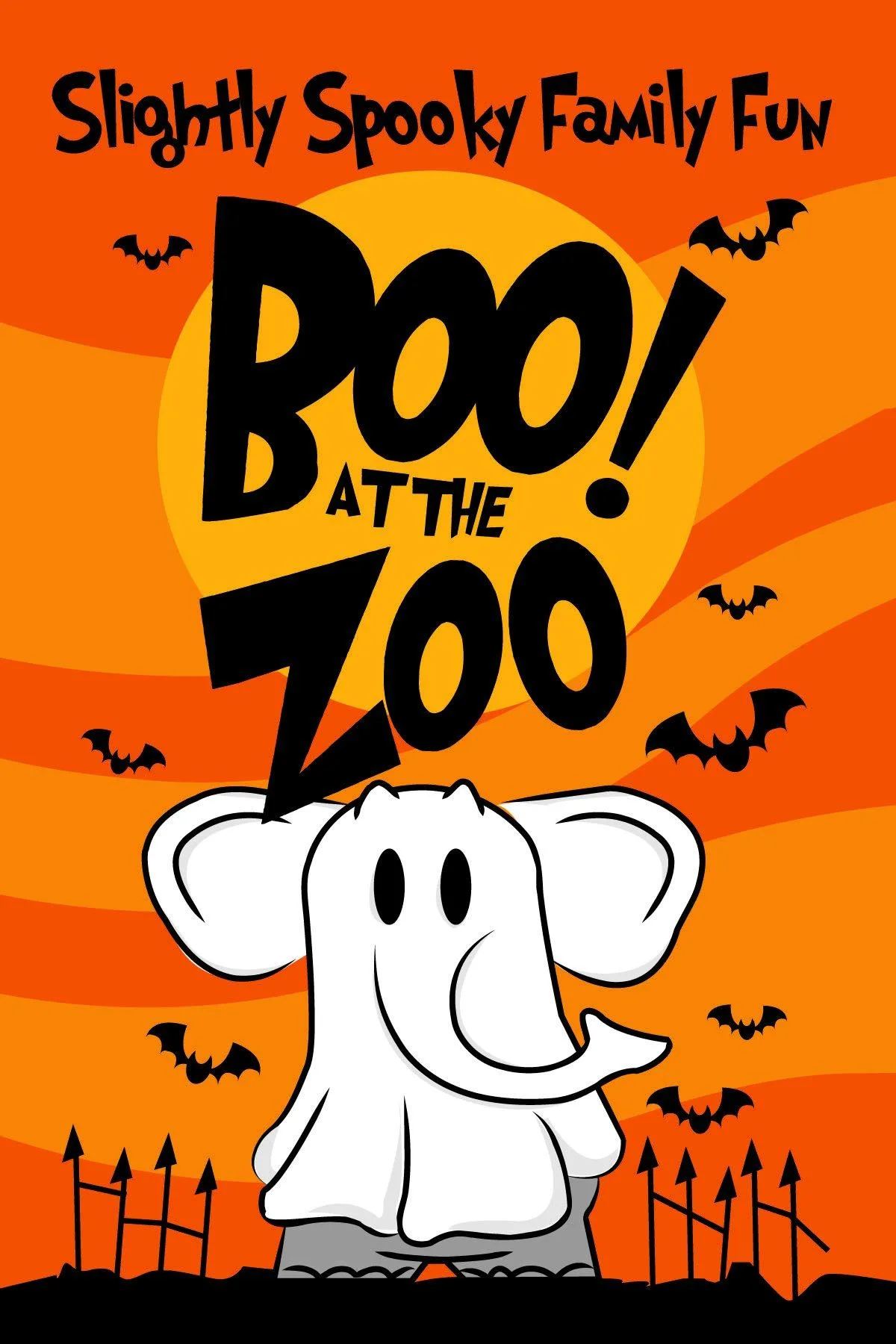Постер мероприятия Boo at the Zoo с рисунком слоненка в костюме призрака.
