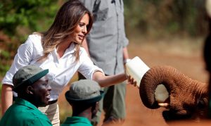 Bez-nazvaniya-2-e1539459758455-300x179 U.S. first lady Melania Trump feeds a baby elephant a bottle of milk at the David Sheldrick Wildlife Trust elephant orphanage in Nairobi