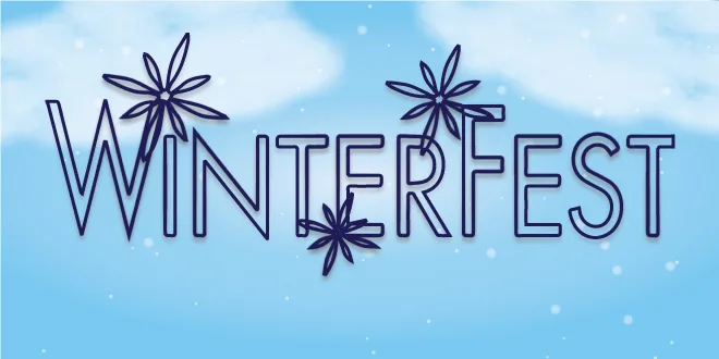 Надпись Winterfest с декоративными снежинками на фоне голубого неба.