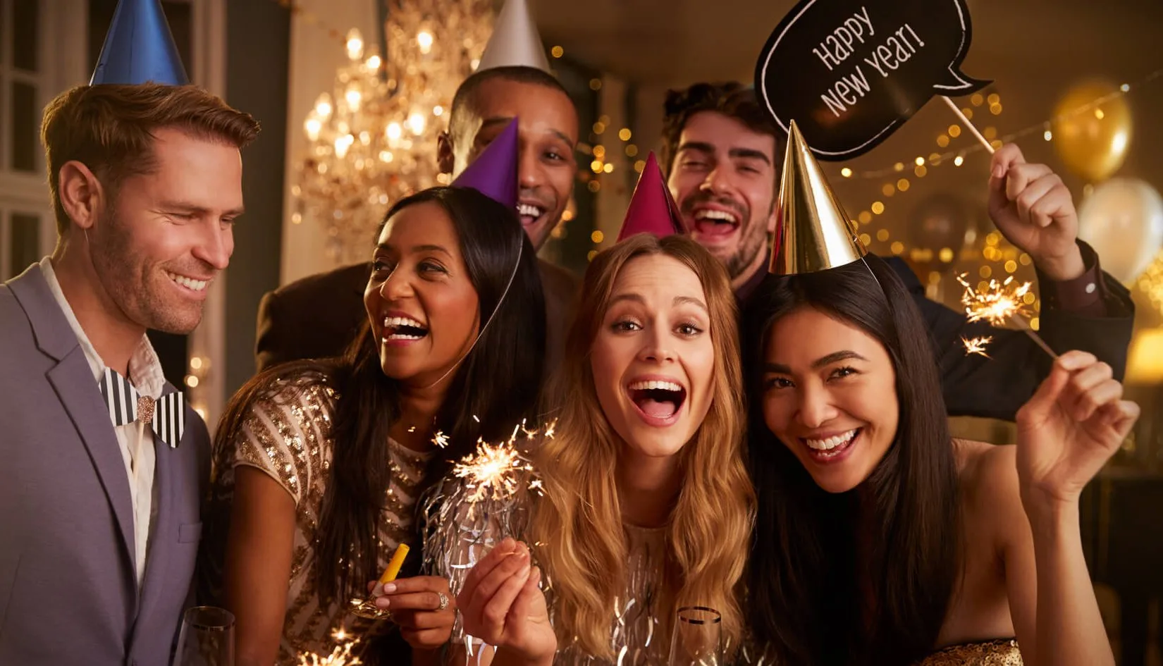 Улыбающиеся друзья с бенгальскими огнями и табличкой Happy New Year.