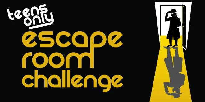 Плакат квеста для подростков Escape Room Challenge с силуэтом детектива в дверном проеме.