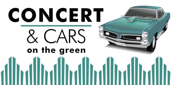 Логотип Concert and Cars on the green с зеленым ретро-автомобилем