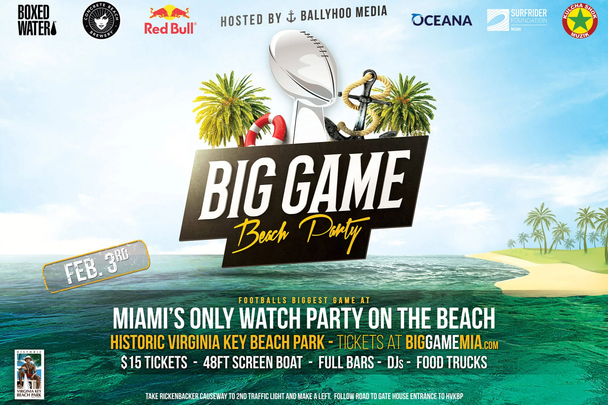 Рекламный плакат пляжной вечеринки Big Game Beach Party в Майами.