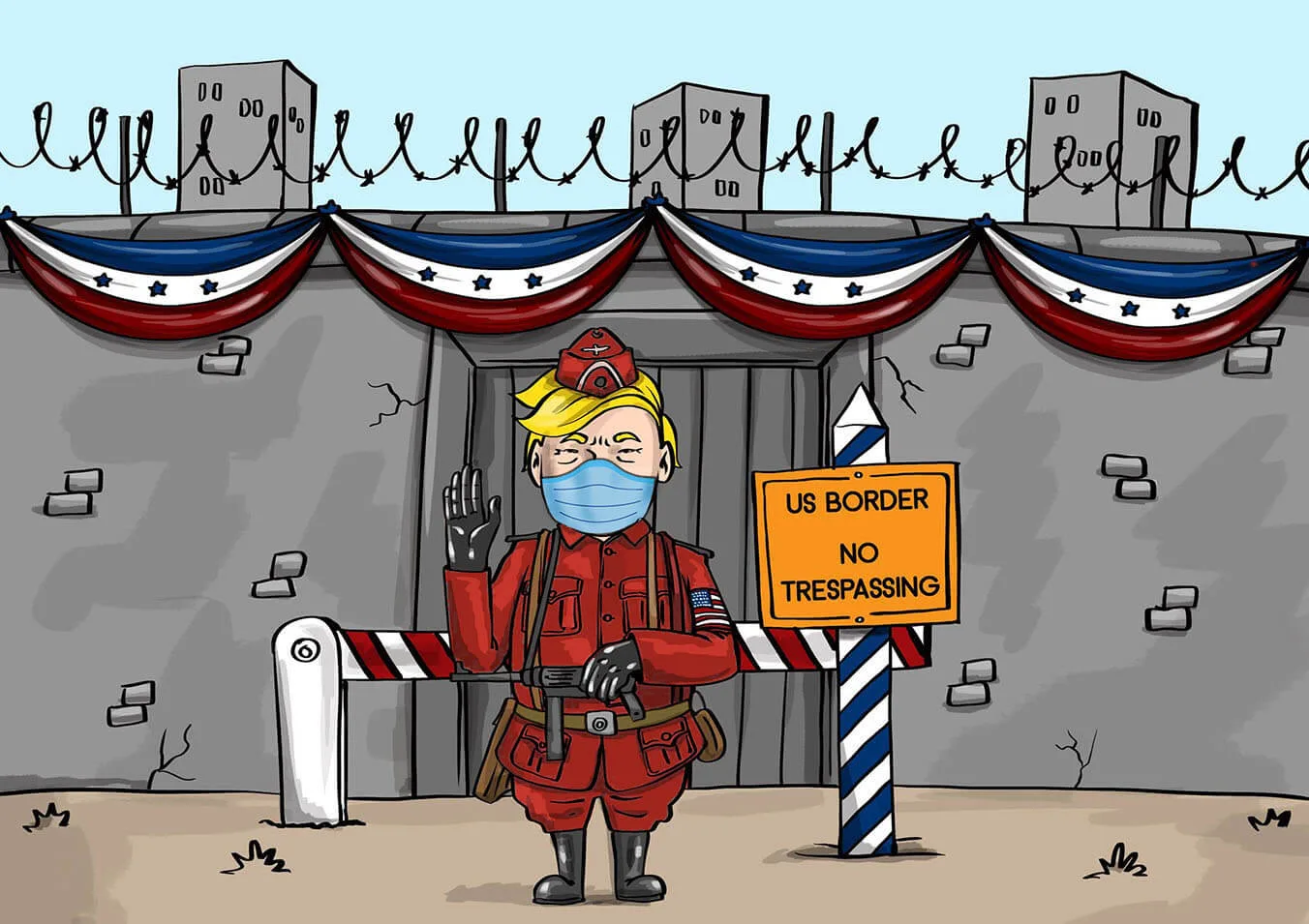 Карикатура на Дональда Трампа в военной форме и маске на границе США.