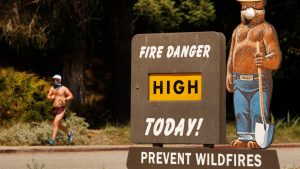 GettyImages-1215549981-300x169 Smokey Bear wears a protective face mask as he warns of High Fire Danger at the Riverside Drive and Los Feliz Blvd entrance to Griffith Park in Los Angeles Tuesday, May 26, 2020 as the Southland's latest heat wave will send the mercury soaring into triple-