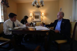 M66RQS7ABAXQCY7EQI2M56XUKQ-300x200 Then-Sen. Joe Biden (D-Del.), right, confers with campaign adviser Antony Blinken as he prepares for a vice presidential debate with Alaska Gov. Sarah Palin in St. Louis on Oct. 2, 2008. (James Estrin/The New York Times)